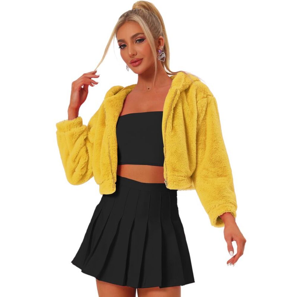 Faux Fur Coat Zip Up Hooded Cropped Fuzzy Fleece Jacket Yellow